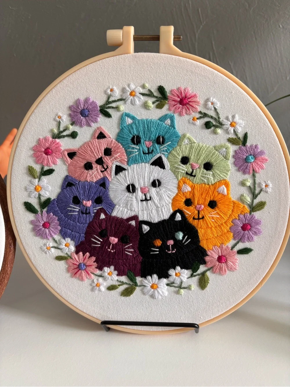 Embroidered Multi-Color Cat 8” Hoop Art - Decorative Cat Wall Hanging